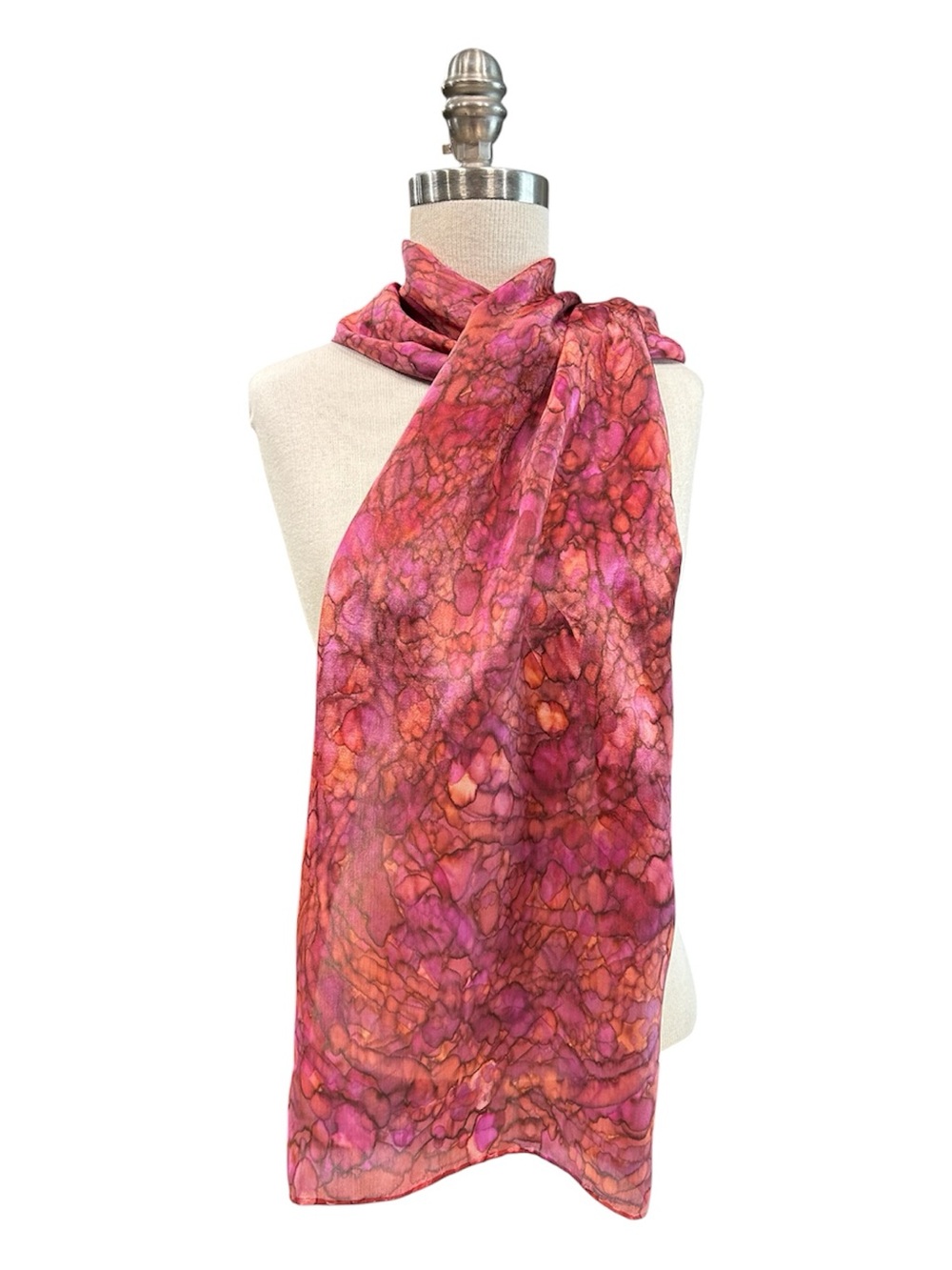 Hand Painted Red, Dark Orange, Magenta Silk Scarf NWT